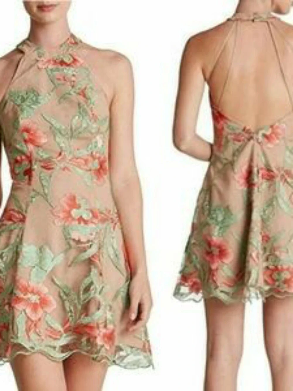 Dress The Population Abbie Floral Halter Dress Skater Coral Beige Lace Medium - Picture 2 of 11